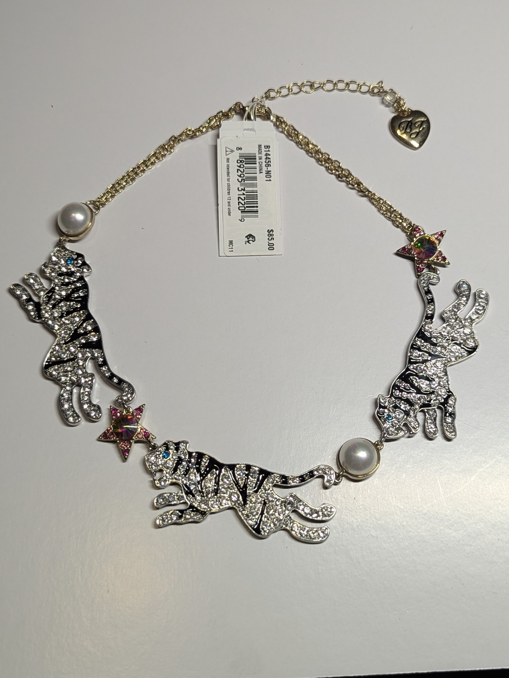Betsey Johnson Gold-Tone Crystal Tiger Necklace with Pearls and Colorful Stars